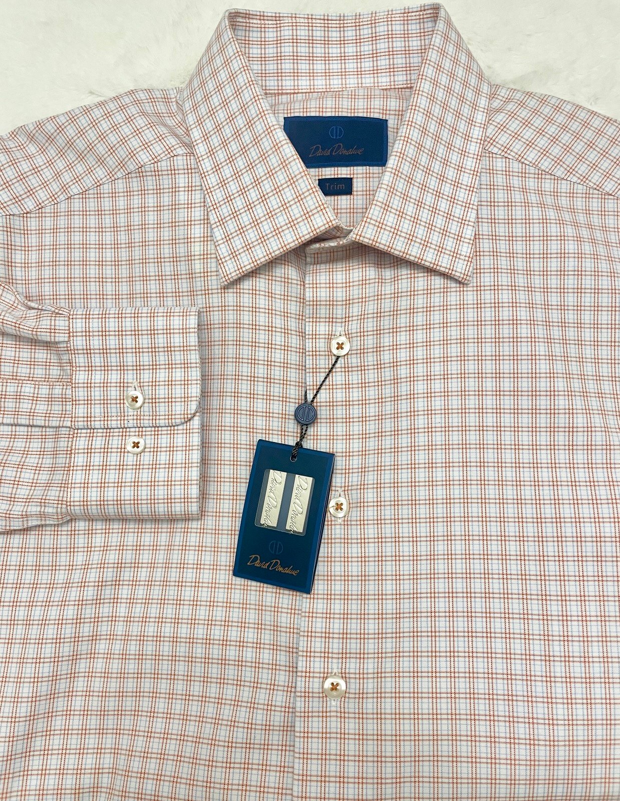 David Donahue Trim Peach Blue White Cotton Long Sleeve Check Shirt 17 36/37 NWT