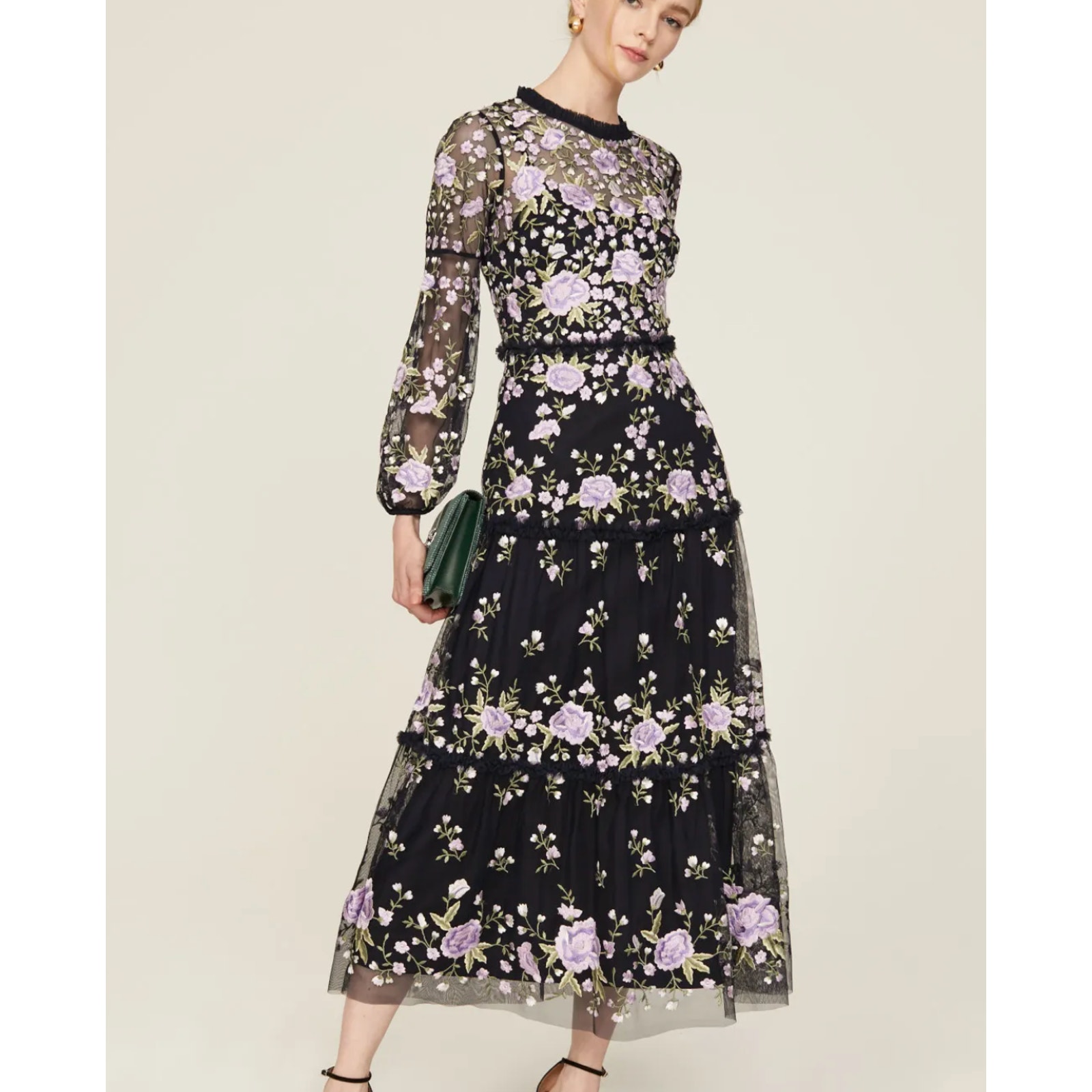 Mac Duggal Blue Embroidered Mesh Gown SIZE 8 Tiered Ruffle Formal Dress 798
