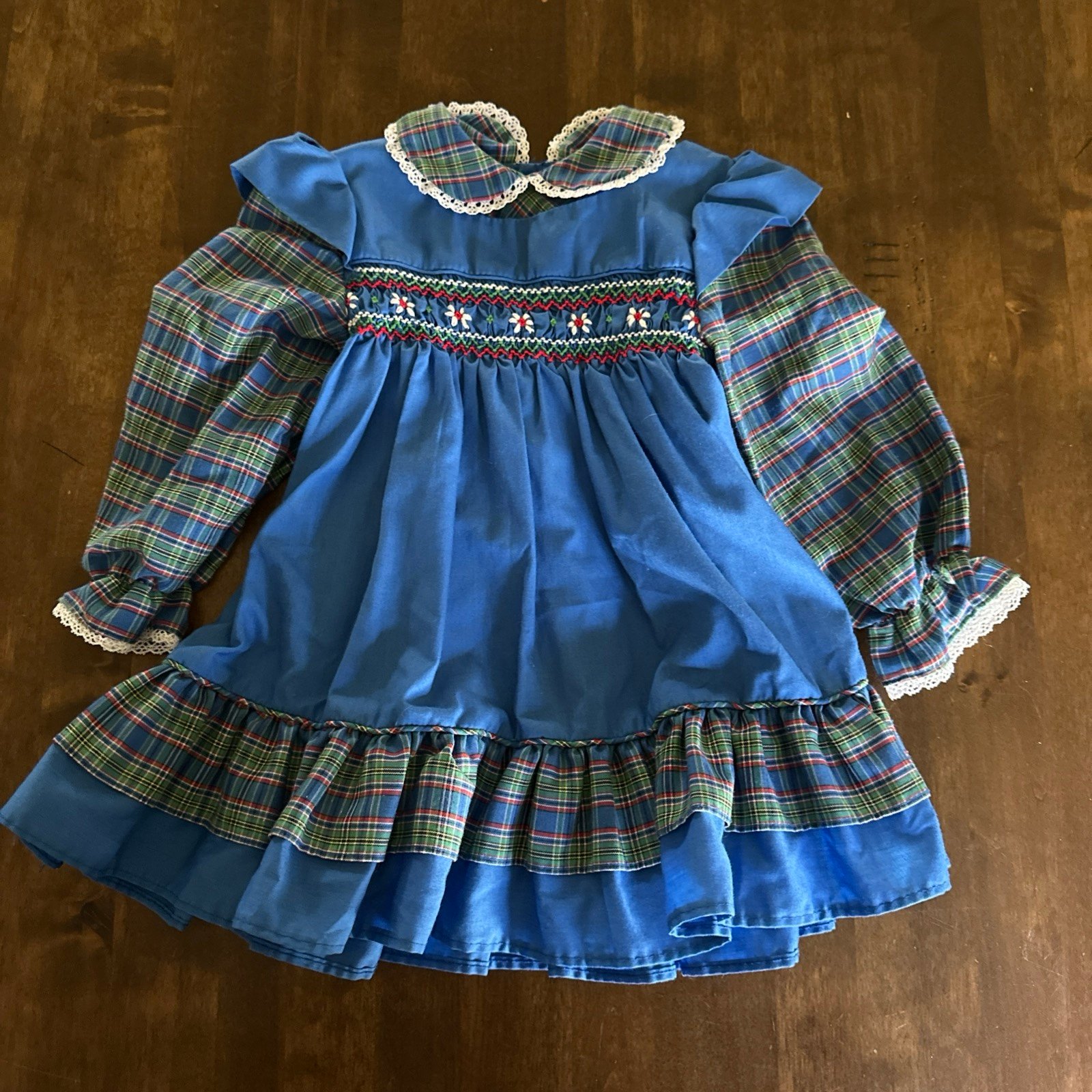 Vintage Polly Flinders 2T Girl Dress Smocked Embroidered Plaid Ruffle Floral