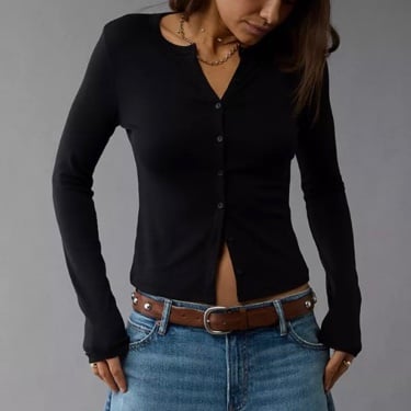 AE Black Fitted Long Sleeve Button Down Top