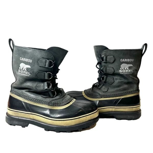 Sorel Caribou Snow Boots Mens Sz 10 Waterproof Gray Black Leather/Rubber Lace Up