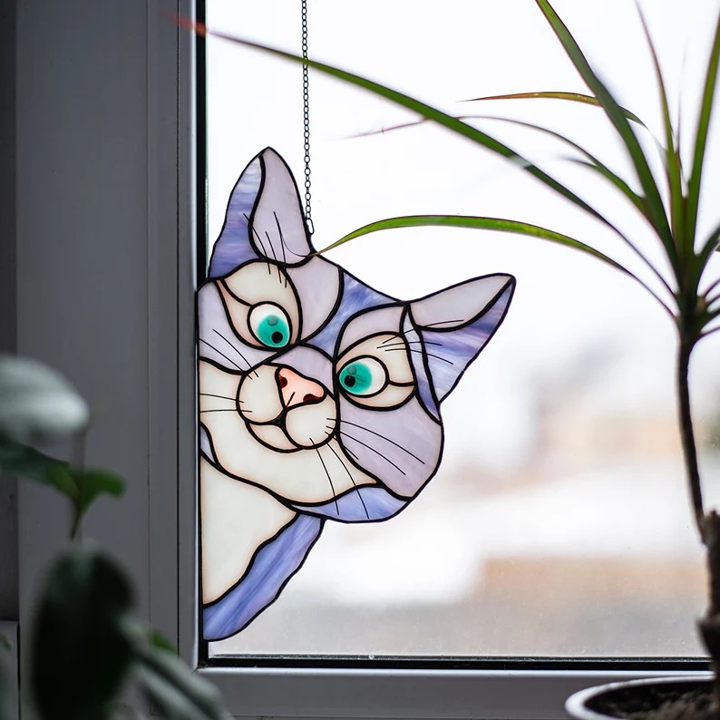Colorful Stained glass cat, Unique Handmade Peeking Kitty, Majestic Eye-catching