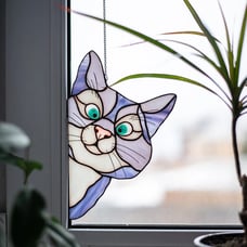 Colorful Stained glass cat, Unique Handmade Peeking Kitty, Majestic Eye-catching