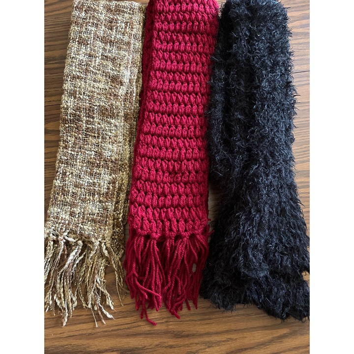 Set of three black, red, tan cream winter scarves