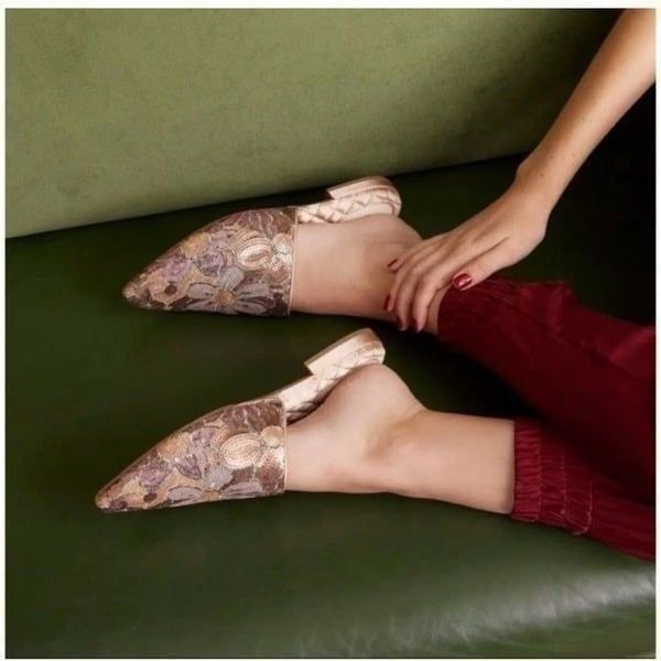 Birdies The Dove Pink Petal Floral Pattern Sequin Point Toe Mule Slides