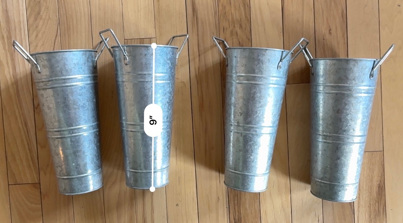Set of 4 Galvanized Metal Buckets – 9” Tall – 3 Sets Available – Rustic Wedding