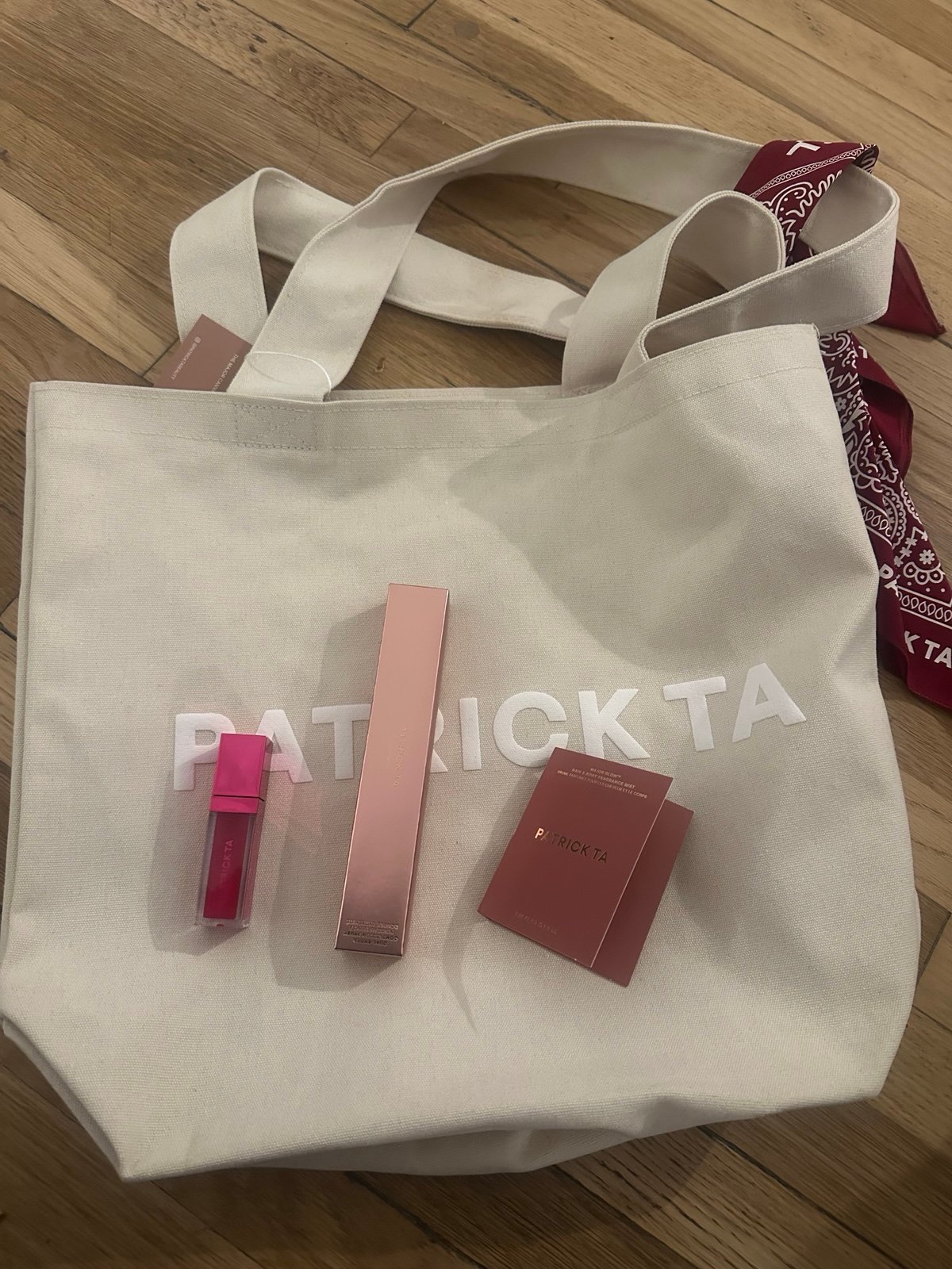 Patrick ta Tote bag bandana brush gloss perfume NWt