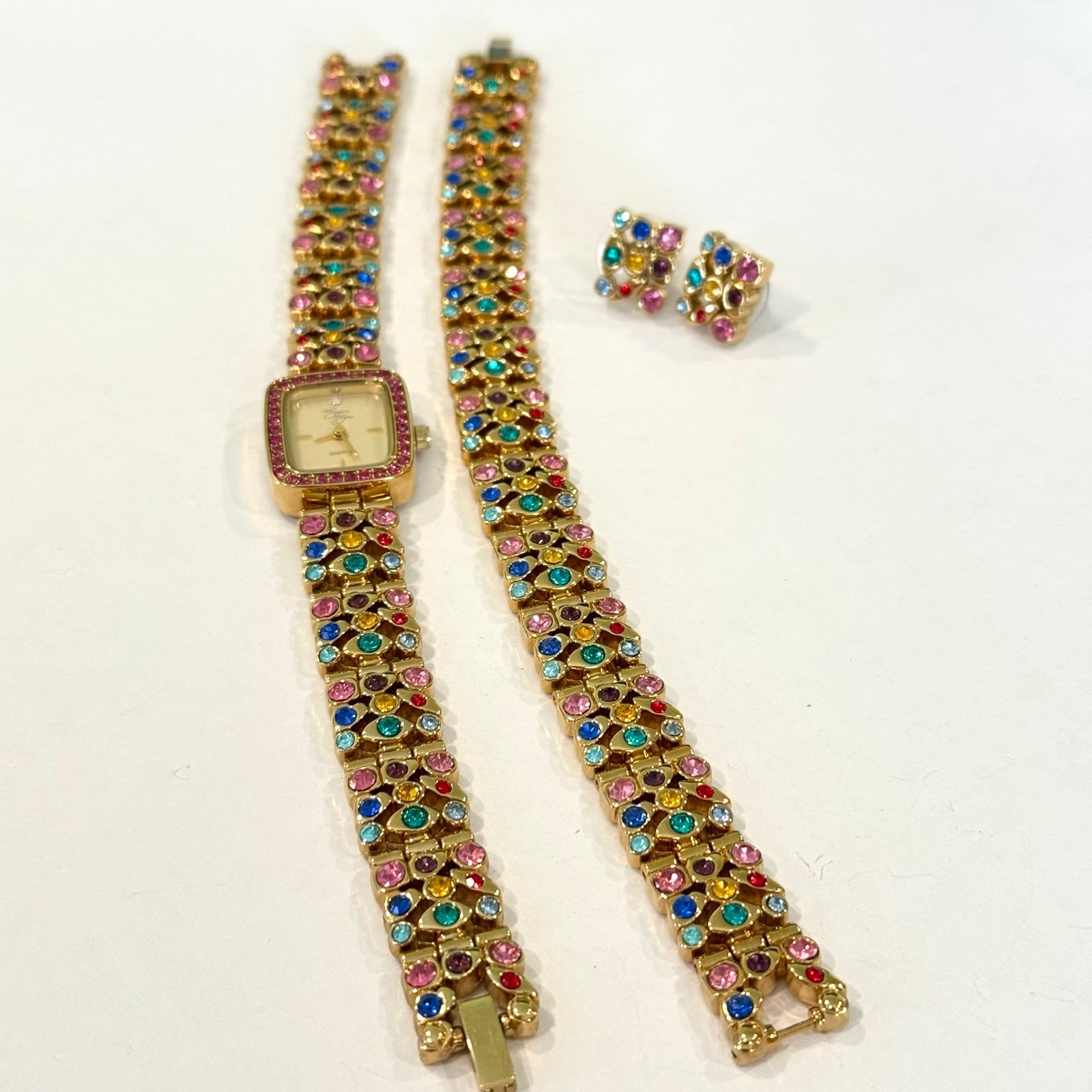 Suzanne Somers Rhinestone Watch & Bracelet & Earrings Set Colorful Gold Tone