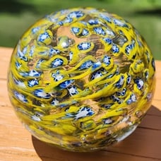 Murano Millefiori Glass Paperweight Blue & White Stars Yellow and Clear Backdrop