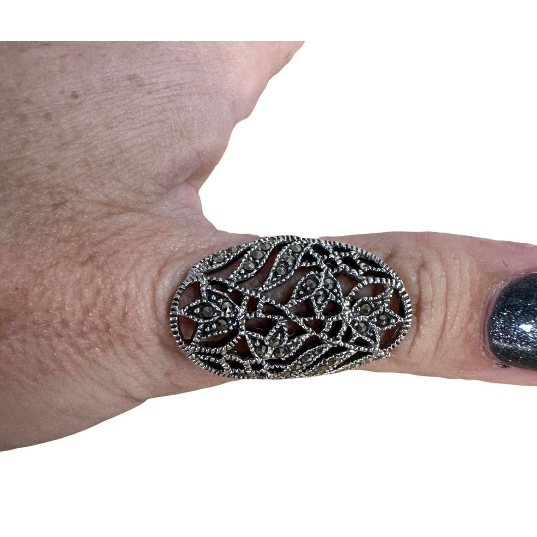 Sterling Silver 925 Marcasite Intaglio Design Floral Ring Approximate Size 9
