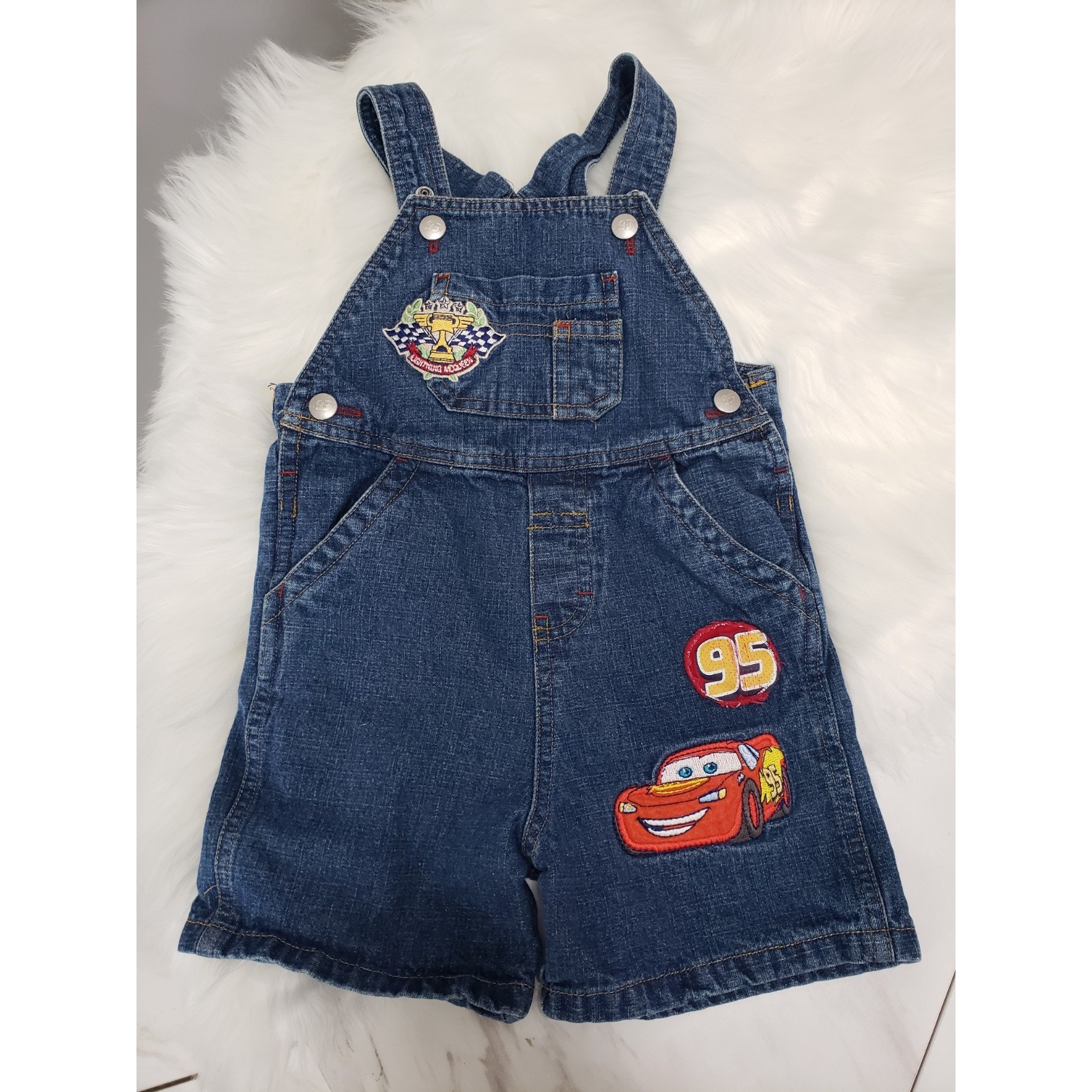 Vintage Disney Cars Overalls Bib Boys 2T Lightning McQueen Denim