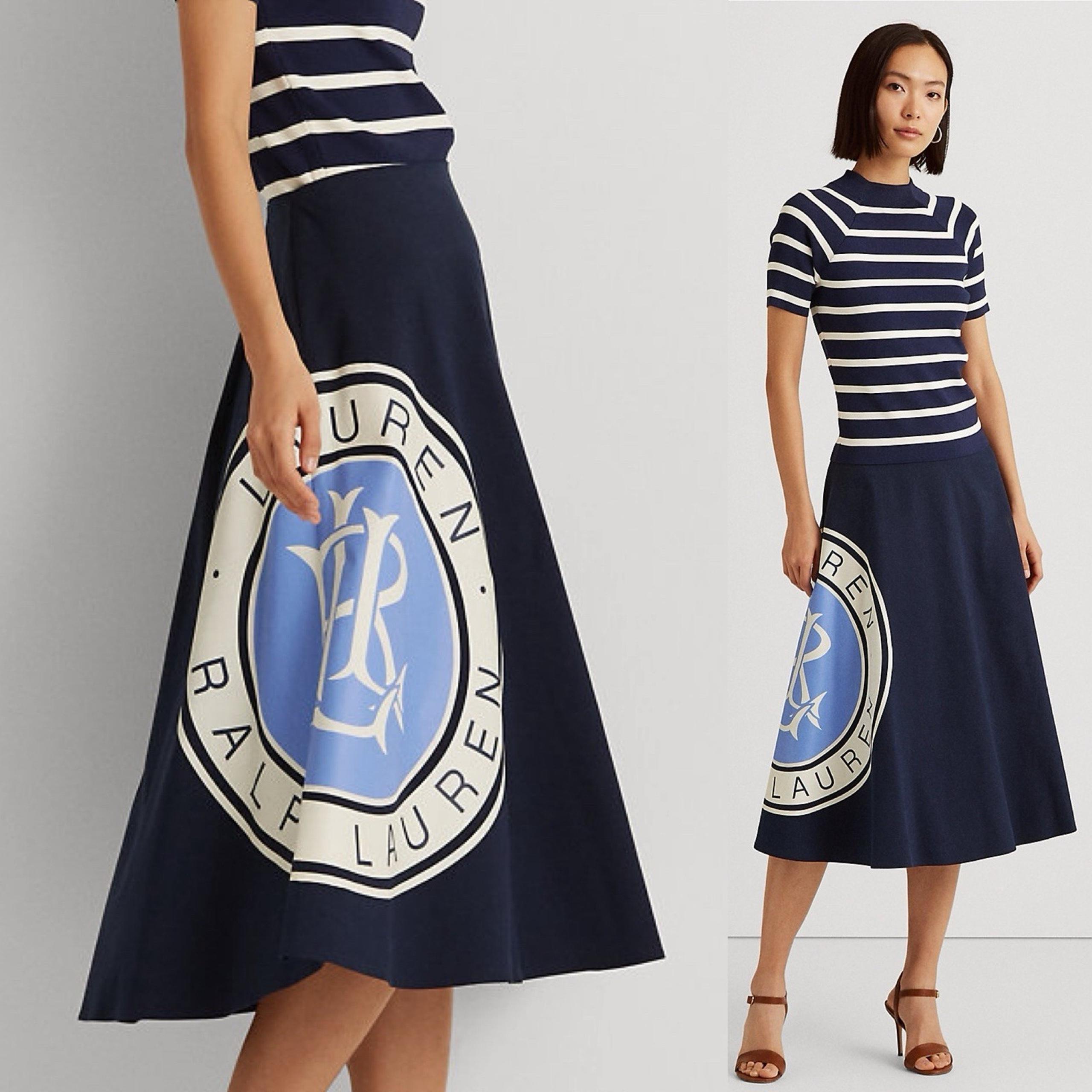 NEW Ralph Lauren Logo Cotton Canvas A-Line Skirt Sz 0 Navy Blue Big Crest Midi