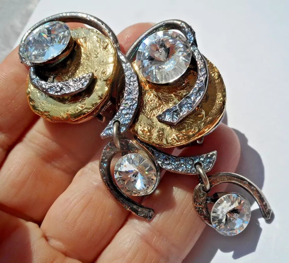 J Jansen Brutalist 24K Gold & Silver Plated Austrian Crystal Statement Earrings
