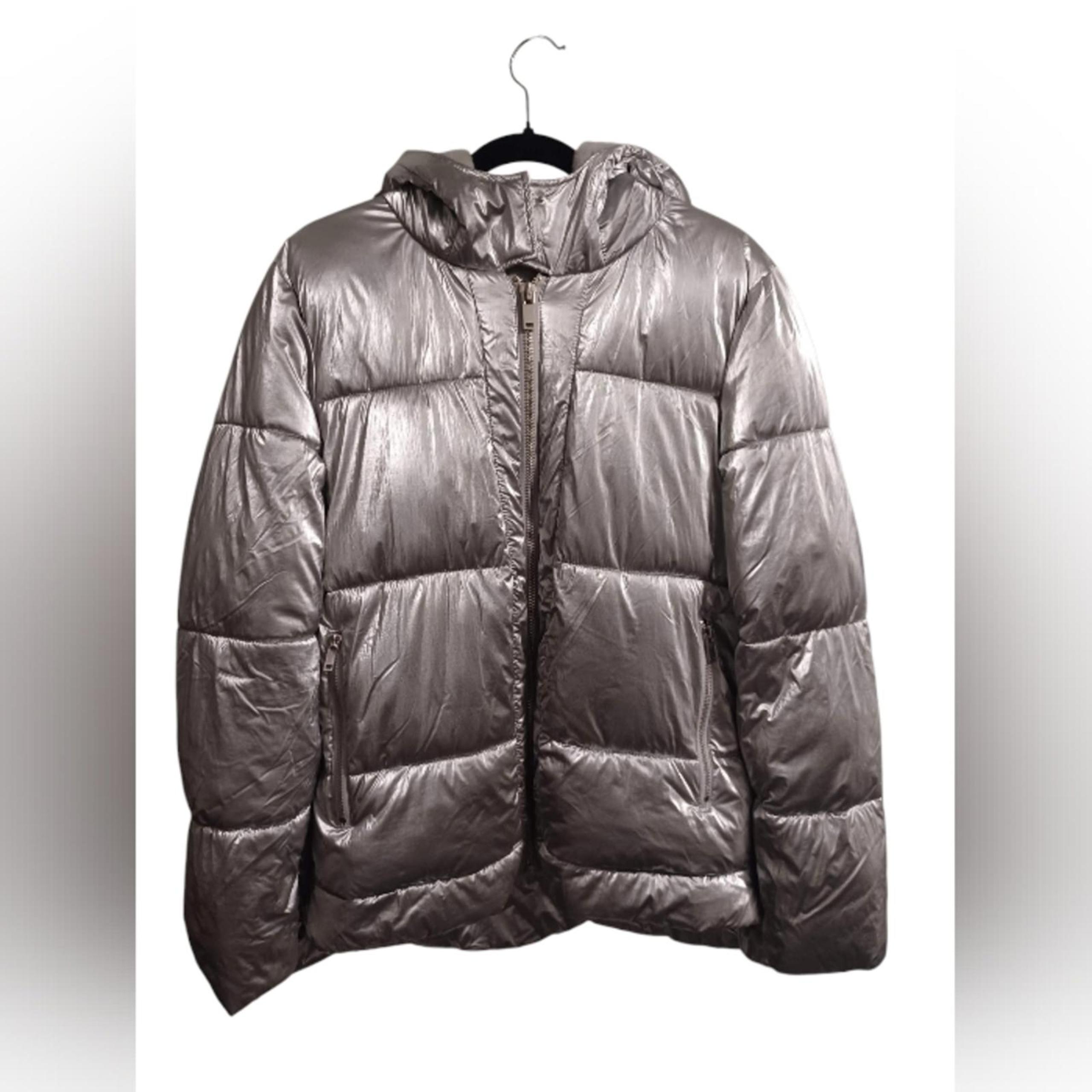 New York & Company Silver Metallic Puffer Jacket