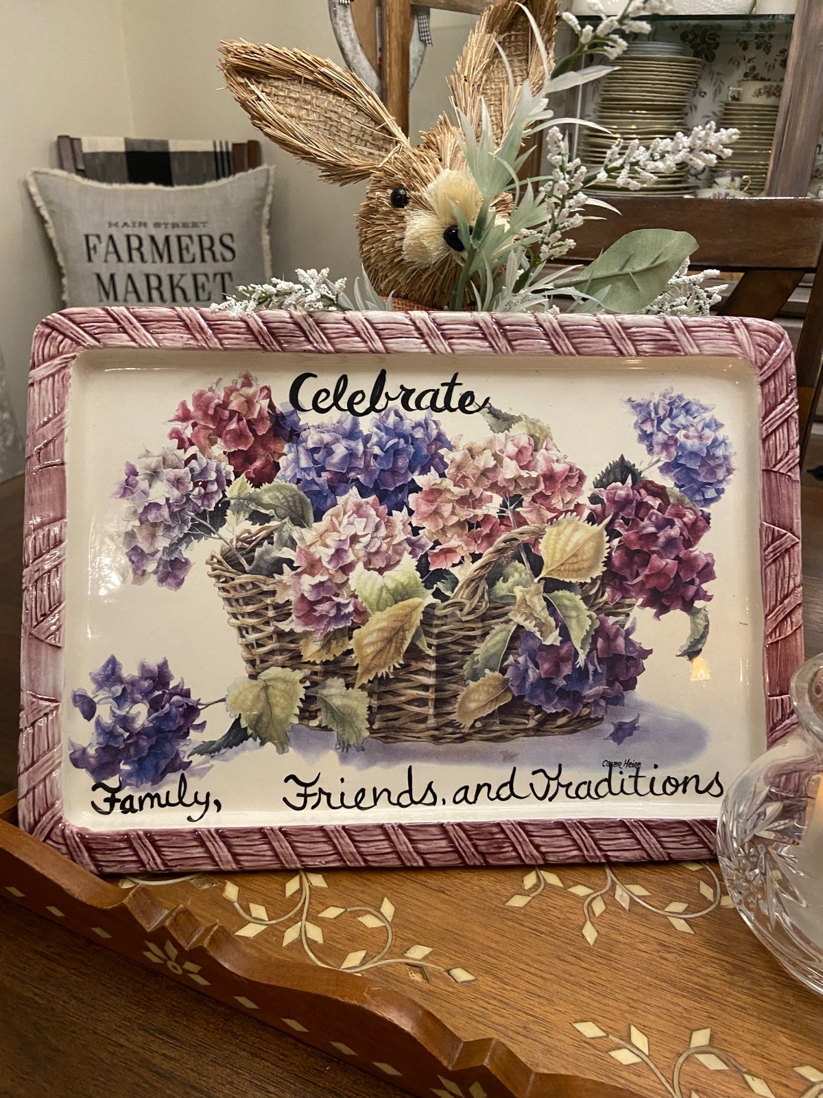 Basket of hydrangeas platter reproduction Artist caren heine