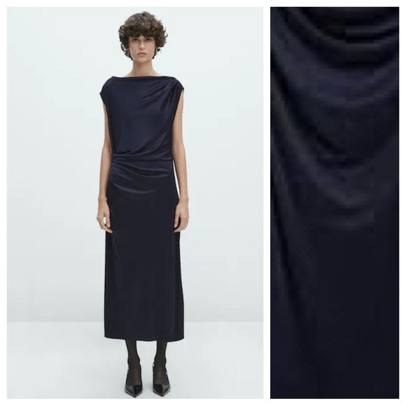 NWT. Massimo Dutti Navy Blue Flowing Midi Dress with Gathered Detail. Size M.