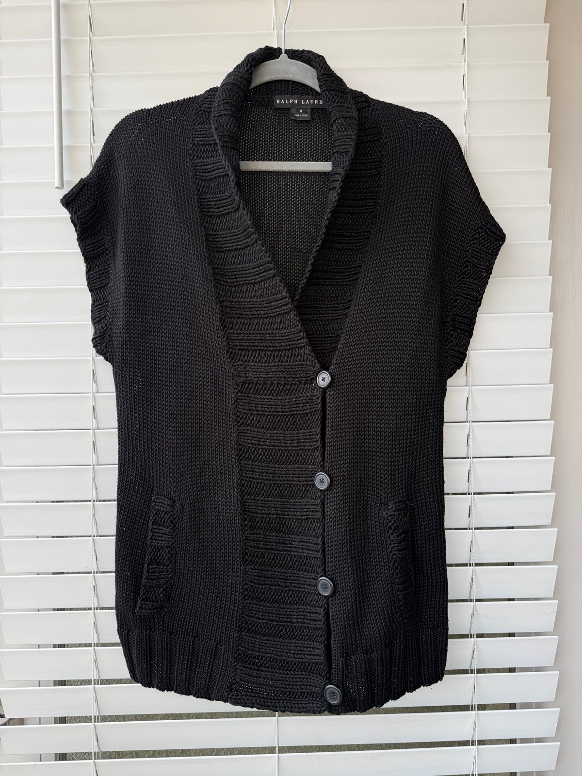 Ralph Lauren Black Label Shimmering Black Chunky Rib-Knit Cardigan Linen Silk M