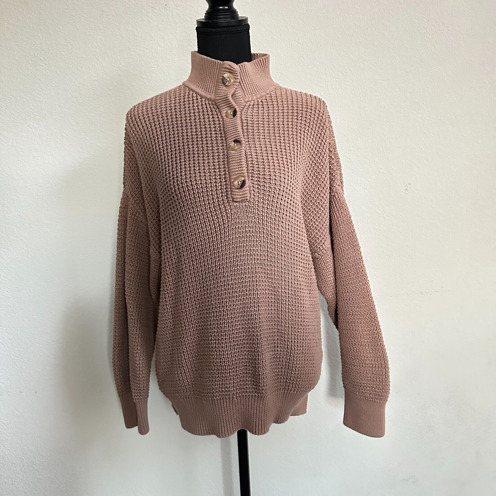 Anthropologie ABLE Sweater Women Medium Waffle Knit Brown Button Organic Cotton