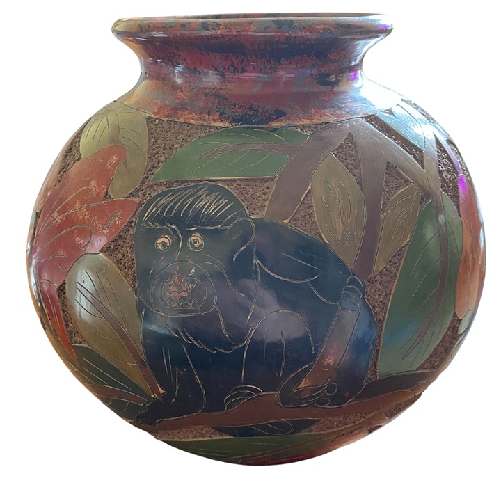 Costa Rican rain forest themed vase plant pot large monkey birds flowers Irma ro