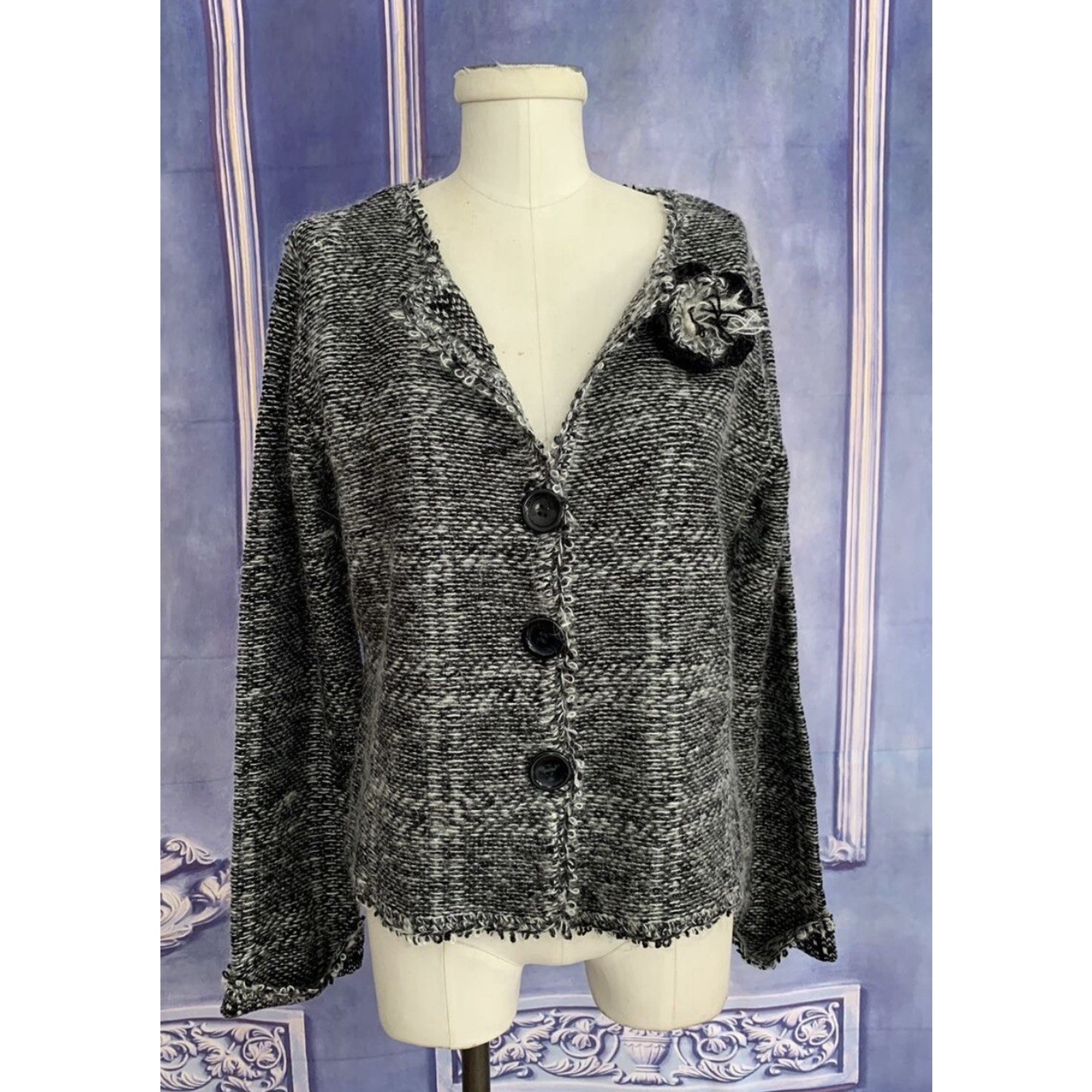 Anthropology Curio Sweater Women Extra Large Black White Wool Blend Cardigan