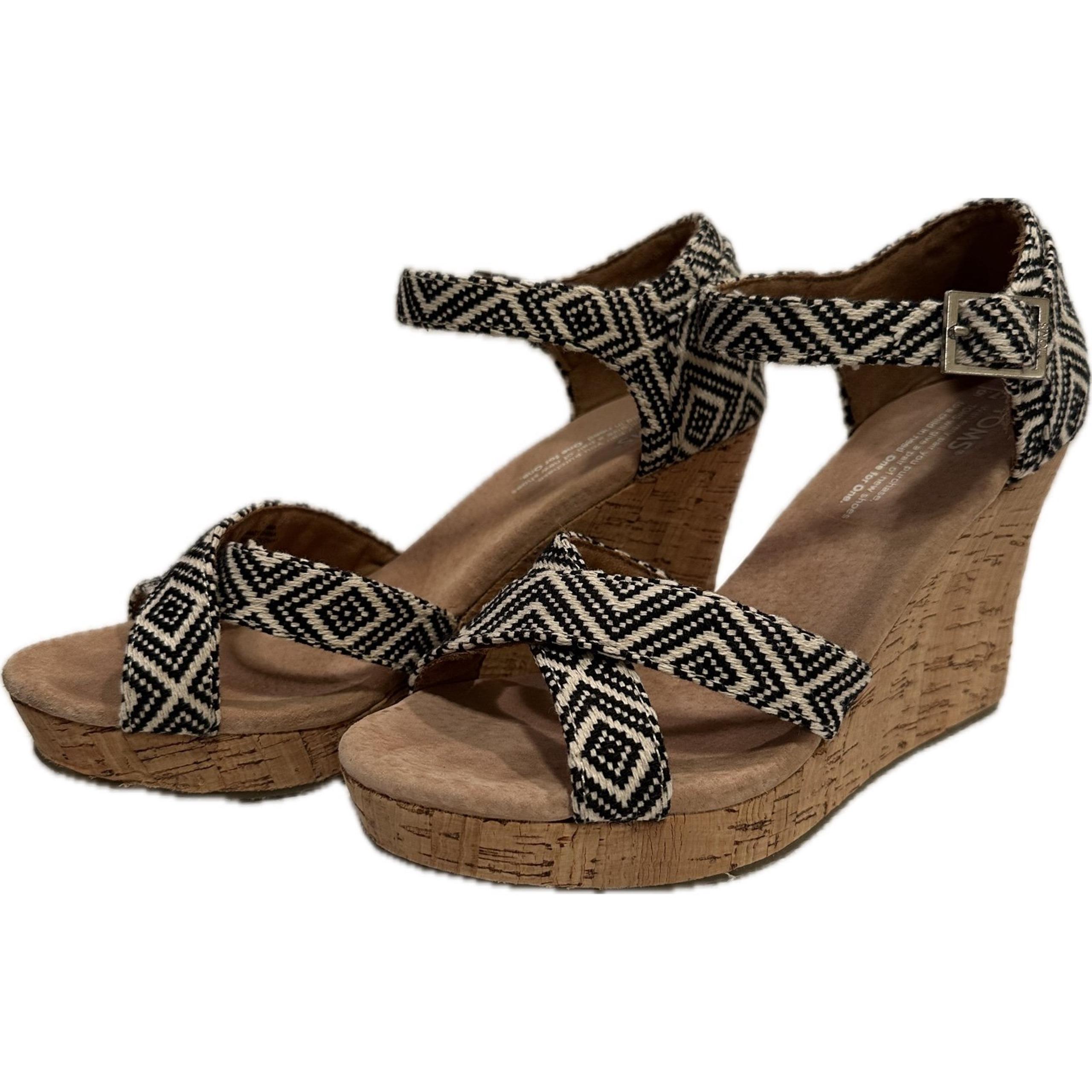 TOMS Seinna Espadrille Cork Wedge Aztec Black & White Size 7.5