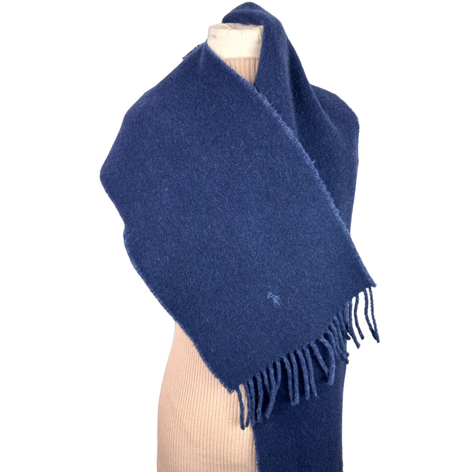 Polo Ralph Lauren Newport Blue Reversible Scarf Wool Fringe Rectangle Fringe NWT