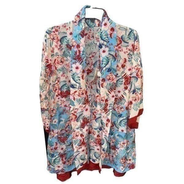 Johnny Was Jade Kimono Floral Tie Tassel Blue Red XS