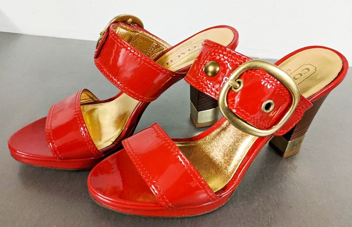 Coach Giada Red Patent Leather Gold Buckle Two Straps Heel Sandals Size 6