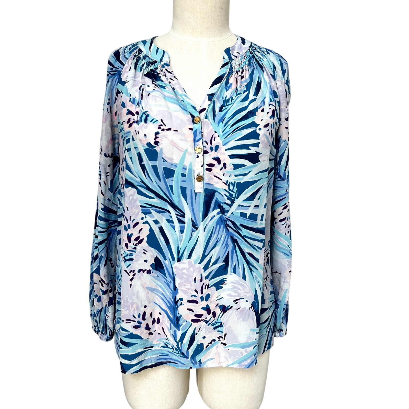 Lilly Pulitzer Elsa Silk Blouse Parrot Blue Purple Lilac Small
