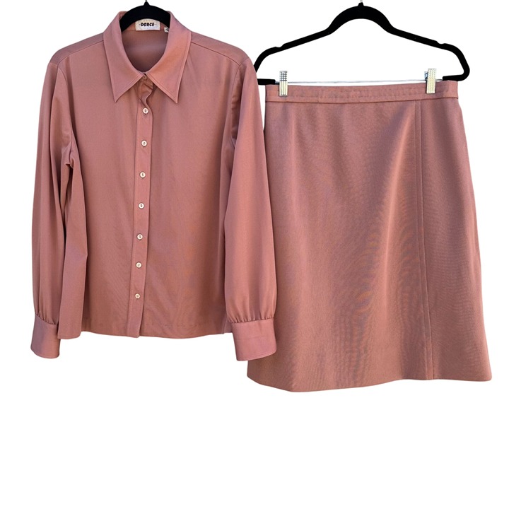 Dorce Vintage Womens Long Sleeve Button Top A-Line Skirt Rose Pink 2 Piece Set L