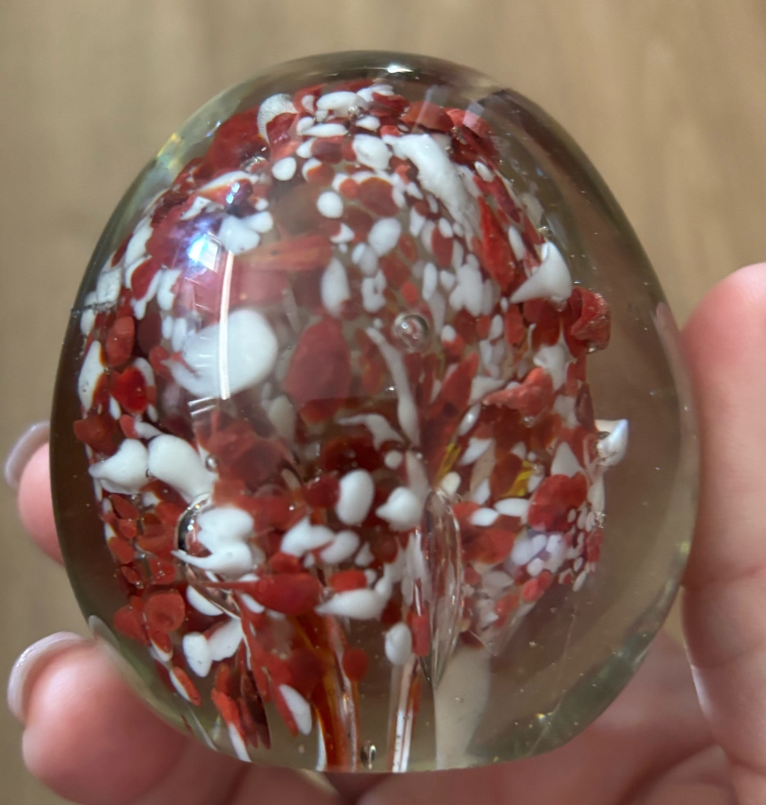Vintage rust and white Murano style paperweight hand blown egg shape