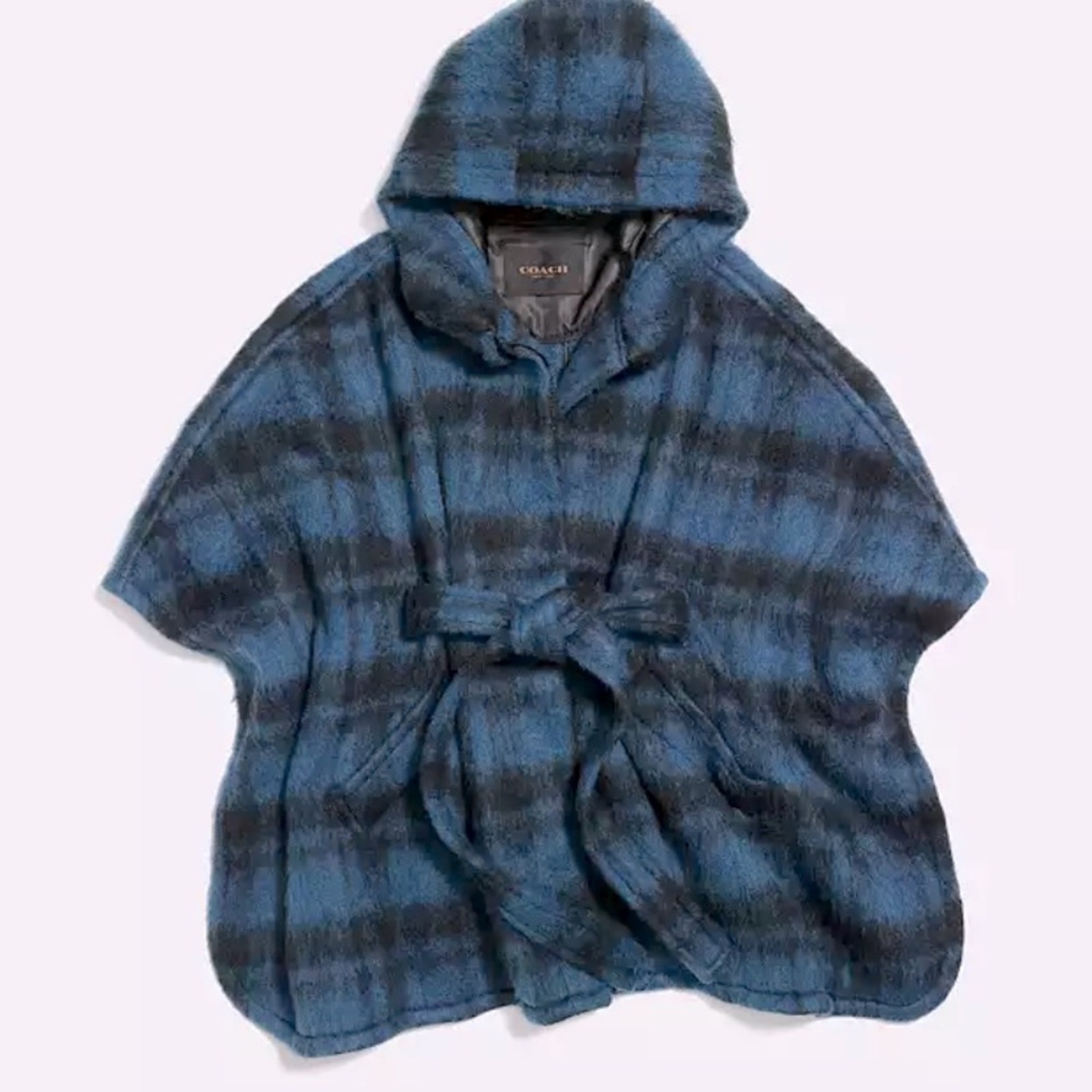 Coach alpaca wool blue plaid cape hooded boho plaid winter holiday party classic