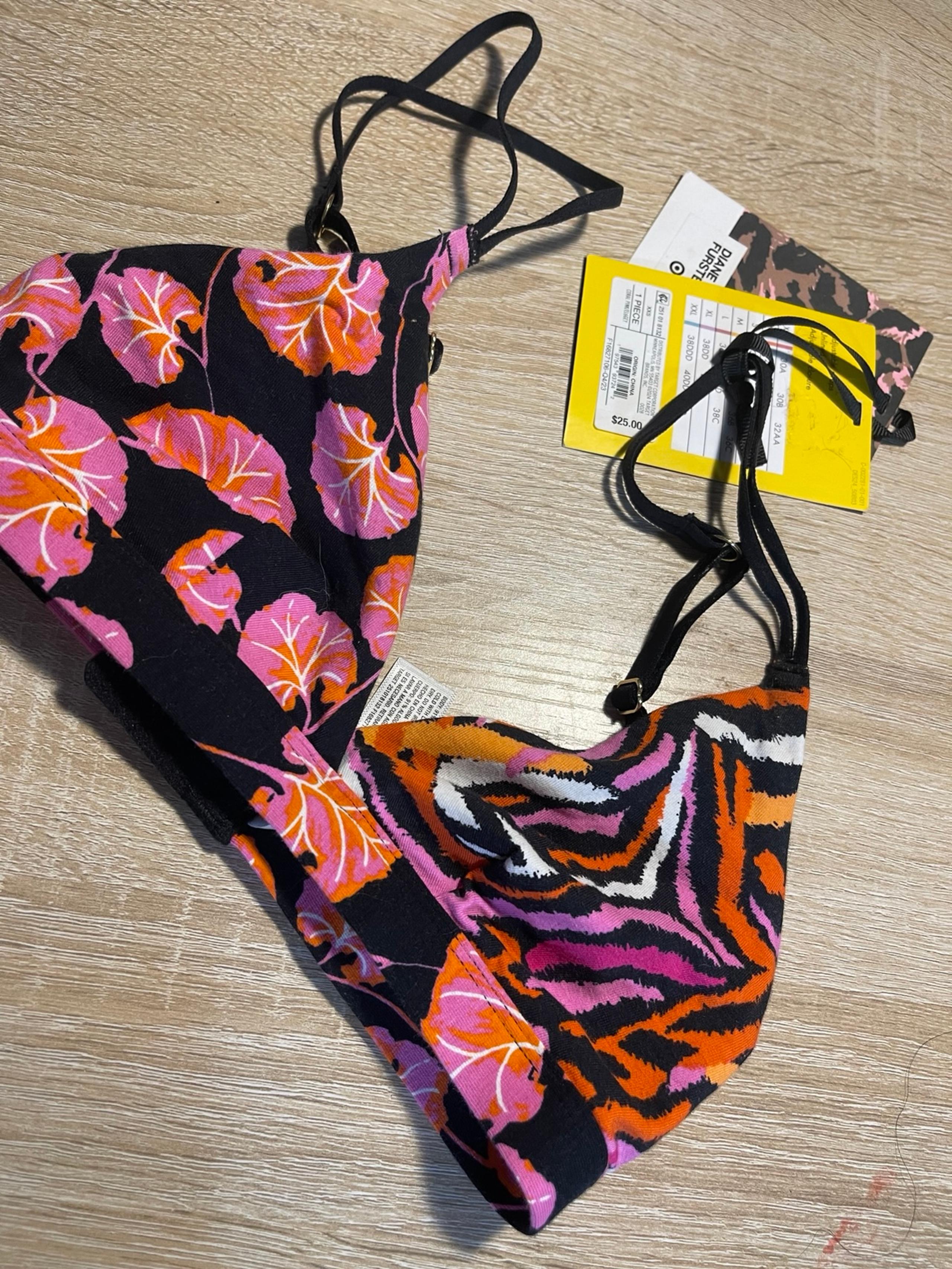 DvF Target Bra Black Pink Orange Floral Size XXS Unlined Adjustable Straps(B)