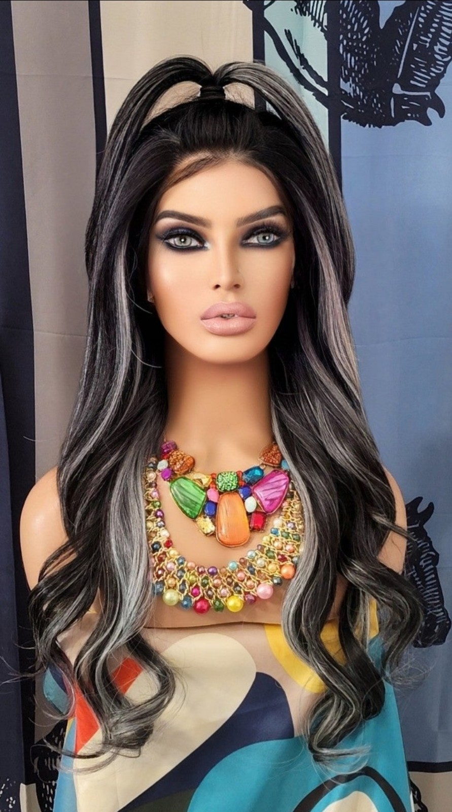 Celebrity wowfactor freepart Black wavy h.d lace wig with platinum grey highligh