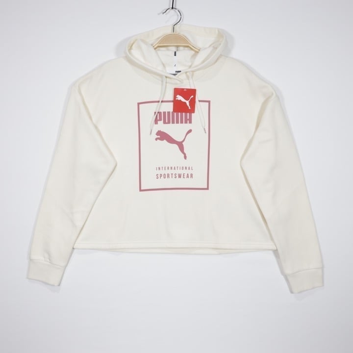 Puma Women's Graphic Logo Fleece Cropped Pullover Hoodie Ivory Size M