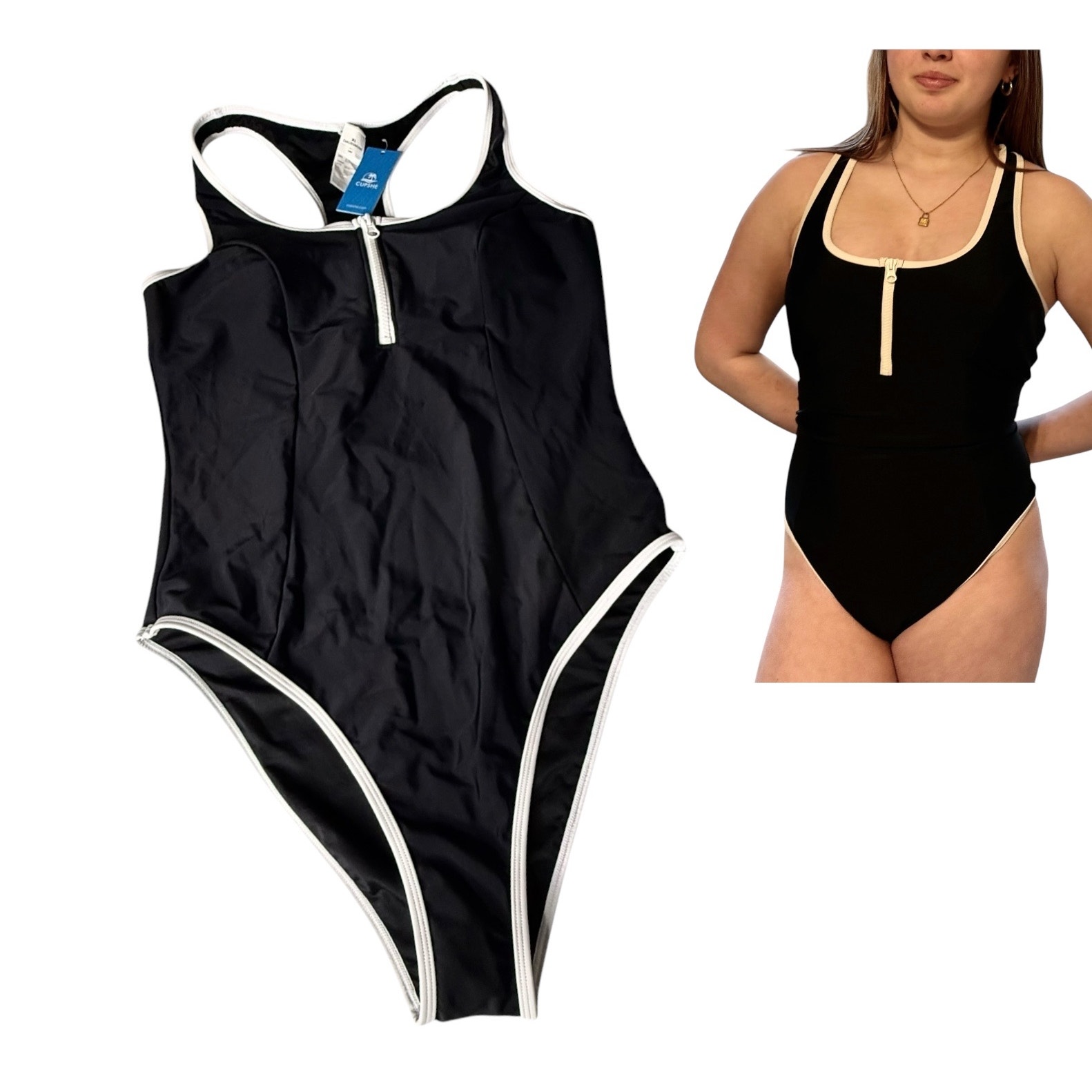 NEW Women's CUPSHE SWIMSUIT XL Black & White U-Neck Front Zip One-Piece Swim NWT