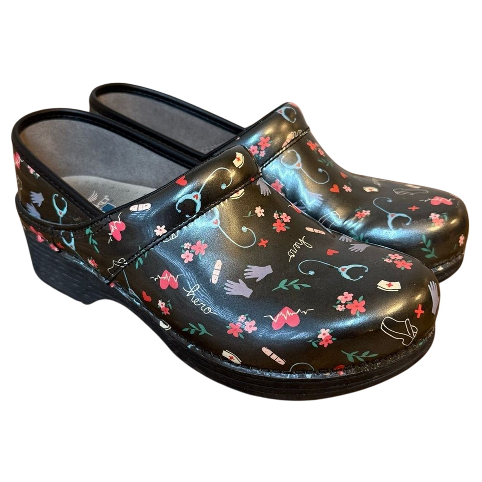 Dansko Women’s LT Pro Hero Nursing Print Leather Professional Clog Slip-On Sz 41