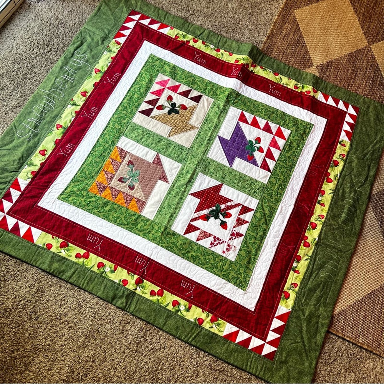 Handmade Strawberrys Yum Small Quilt 47.5 x 52.5 Lap Quilt Granny Core Retro