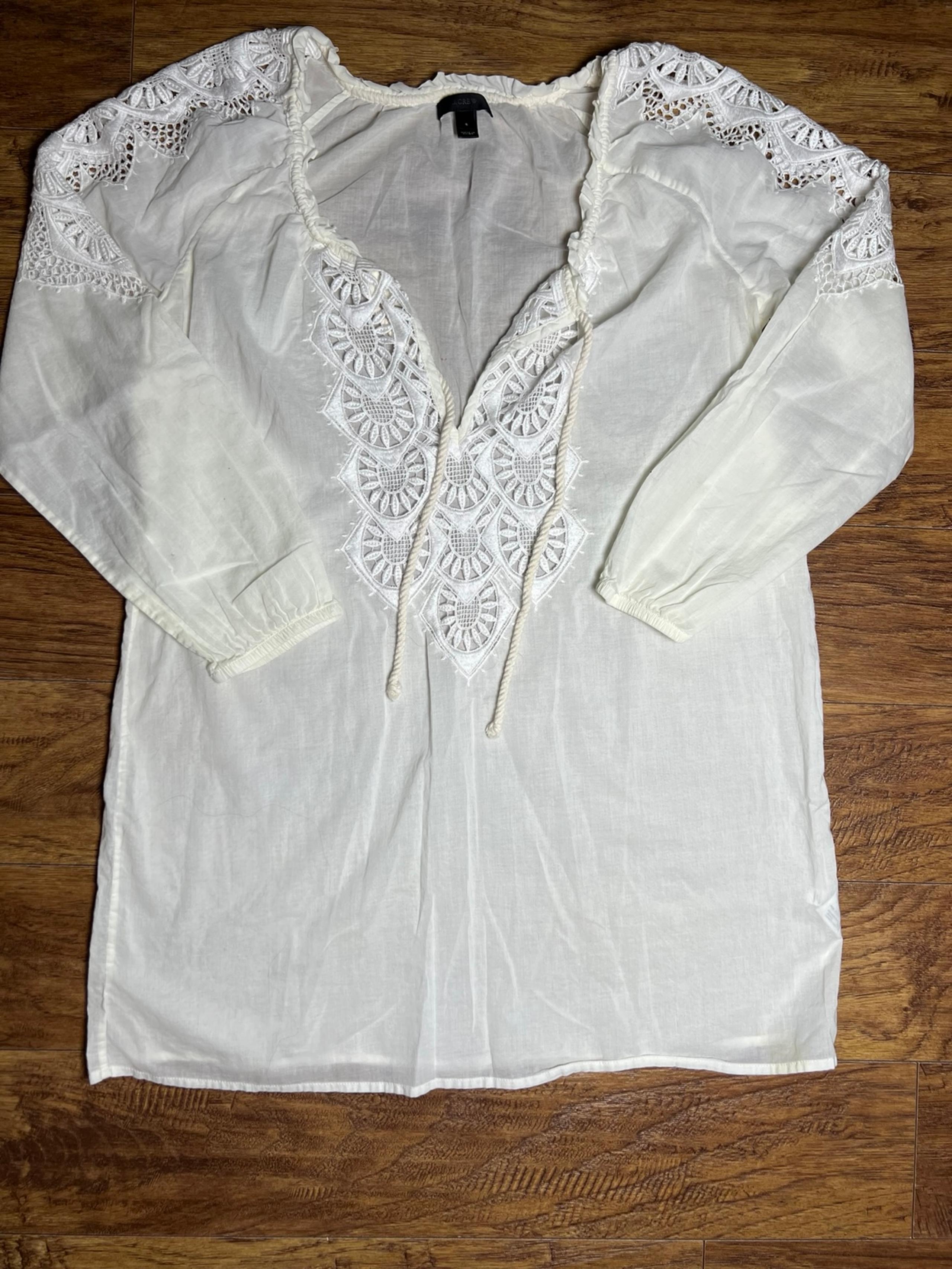 J. Crew Eyelet Caftan Dress White Cover Up Tunic Side Slits 100% Cotton size S - J.Crew