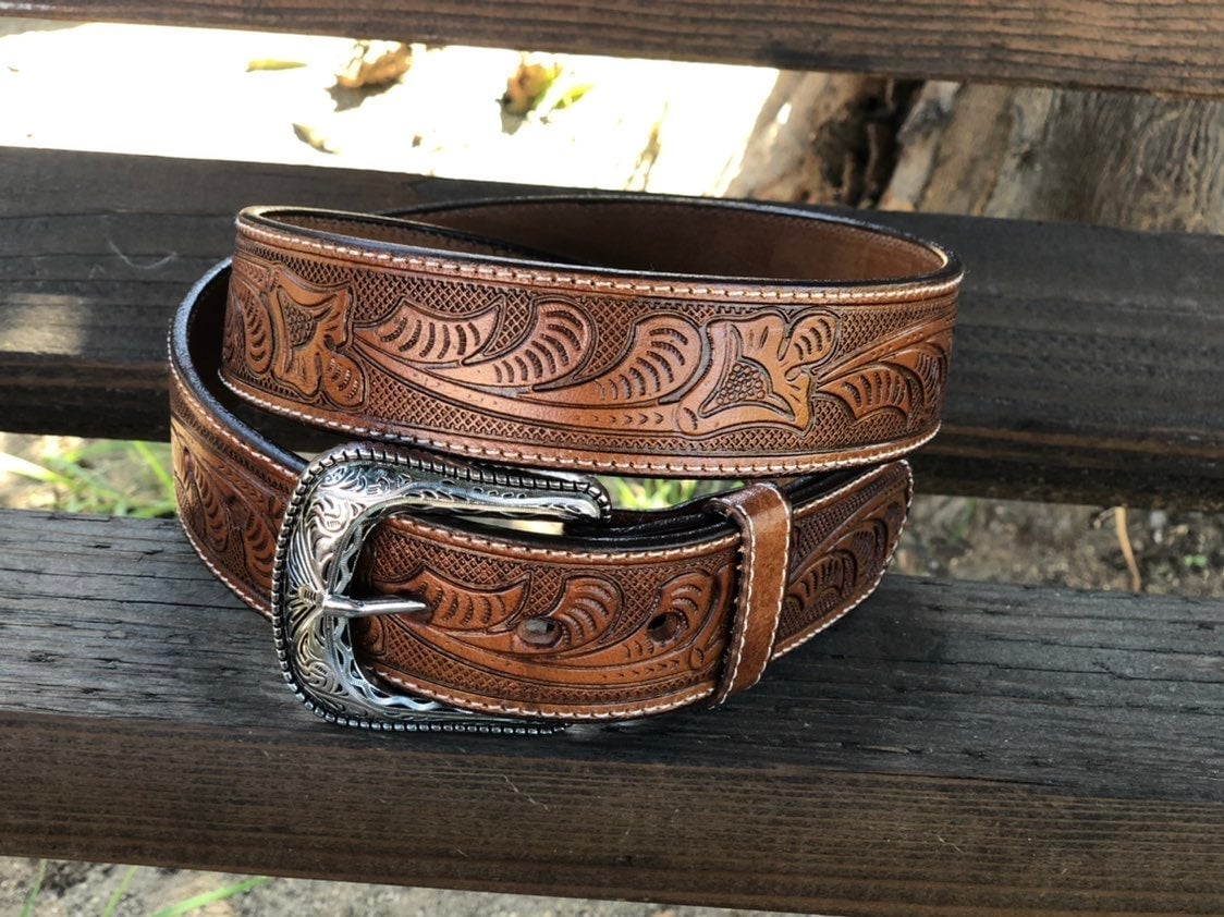 Brown tooled leather belt unisex