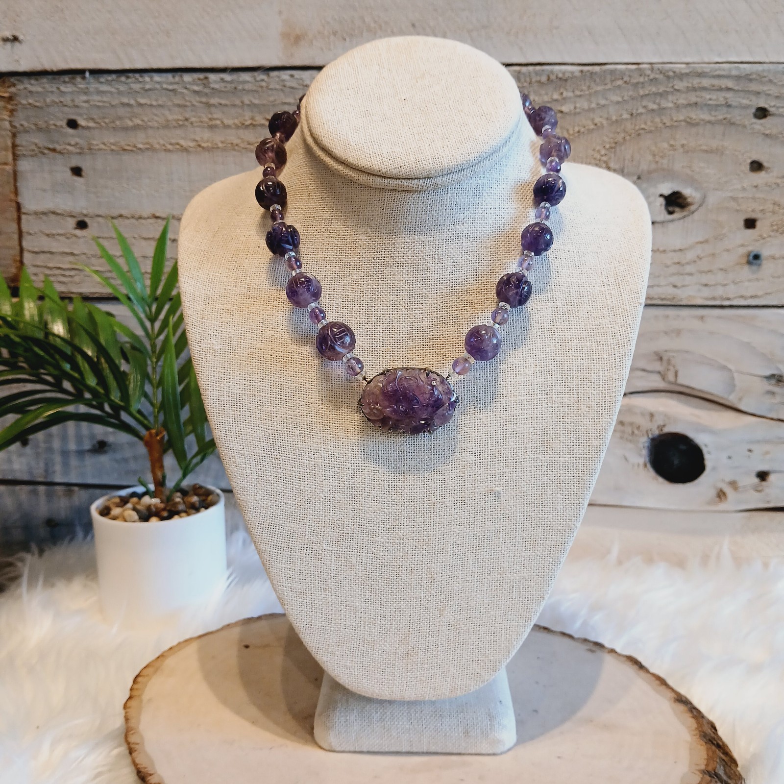 Natural Amethyst Carved Beaded Choker Necklace