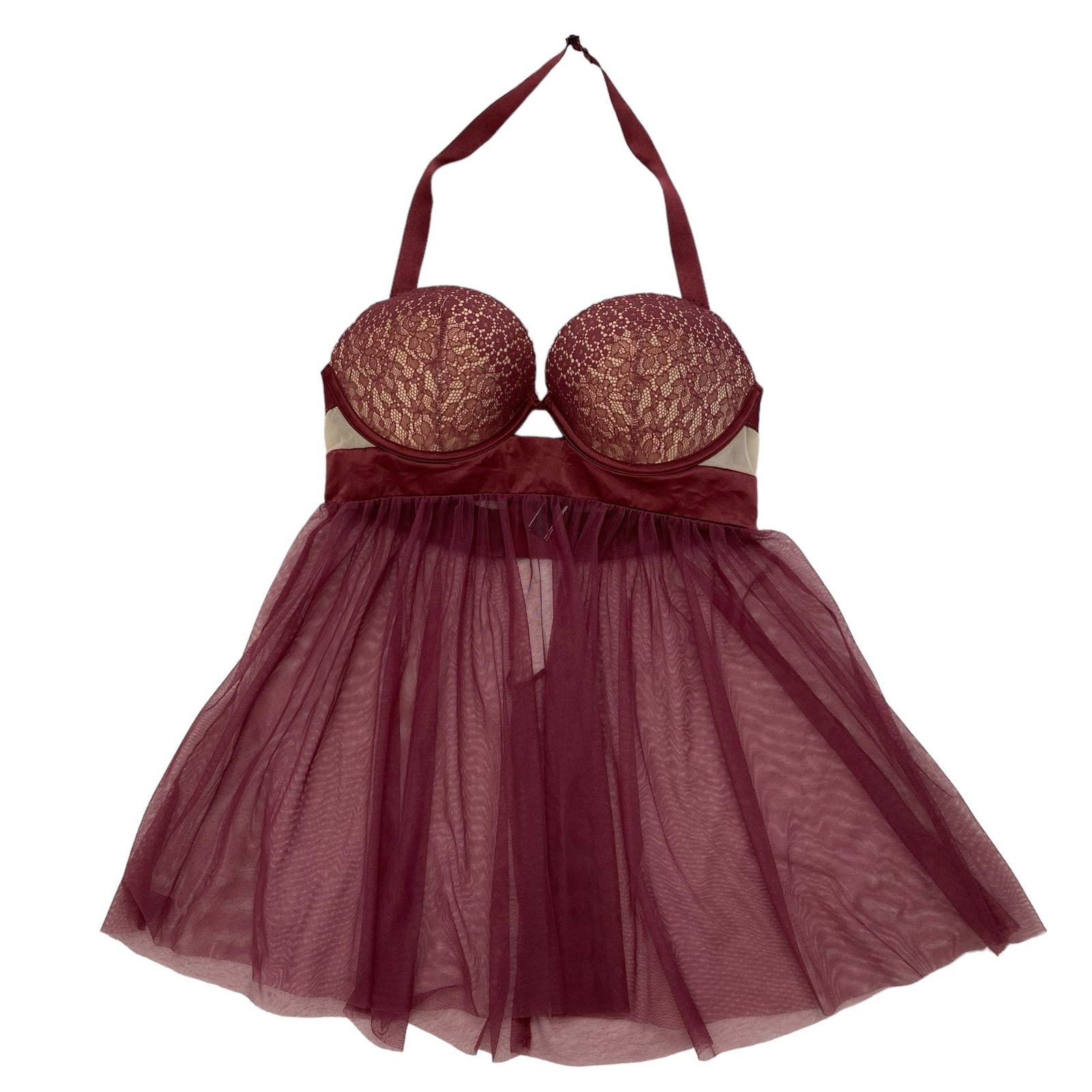VICTORIAS SECRET Garnet Red Eyelash Lace Mesh Babydoll Bra Top Size 34D #397852