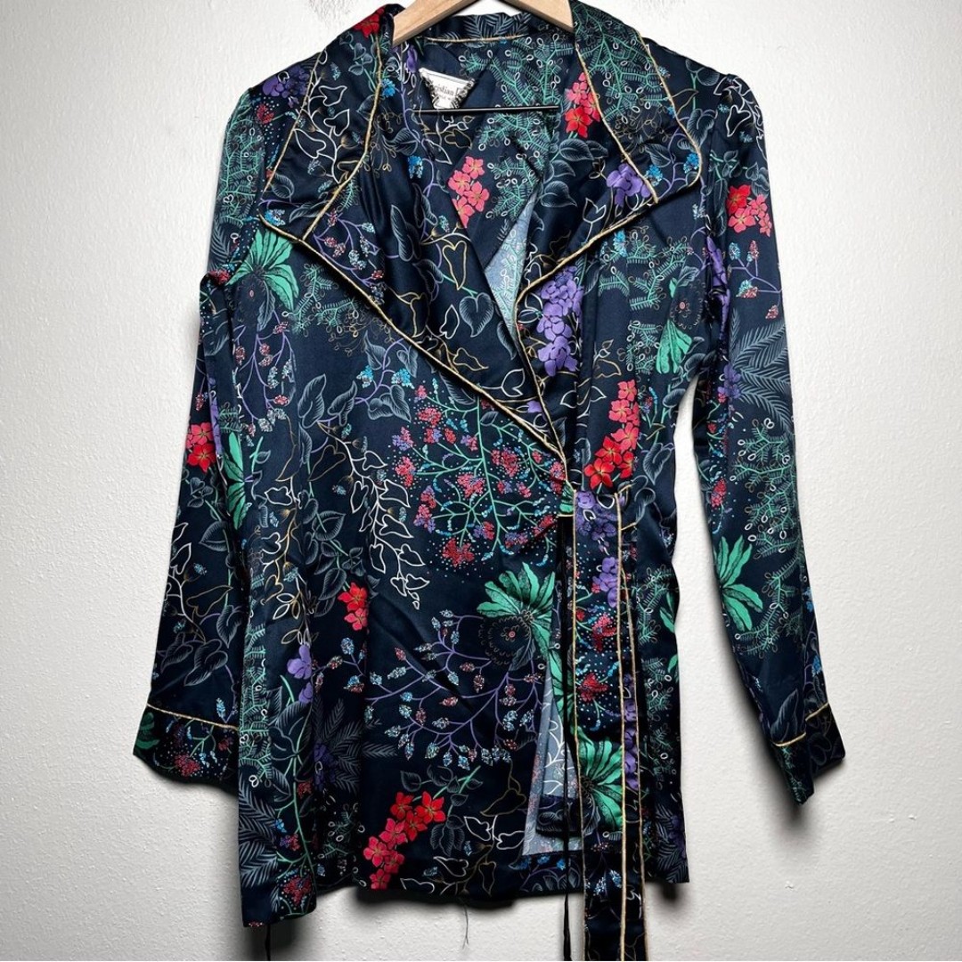 VTG Christian Dior NY 80s Women Robe Medium Green Floral Satin Waist Length