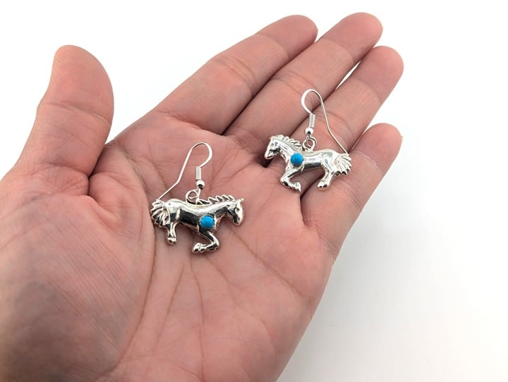 Handmade Navajo Sterling Silver Horse Dangle Earrings Turquoise Native American*