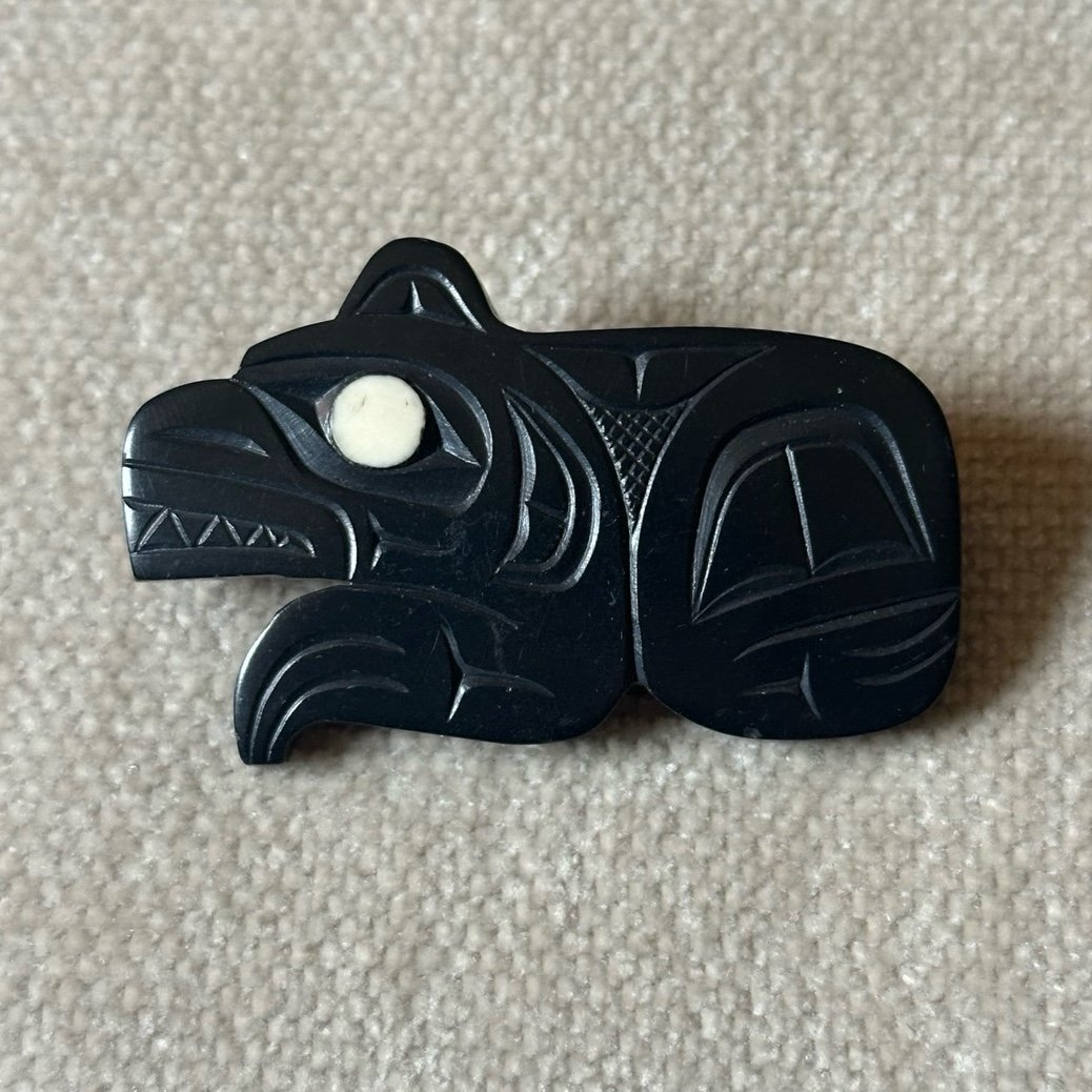 Signed NW Native American Art - Haida artist Glen Pollard Argillite Bear Brooch