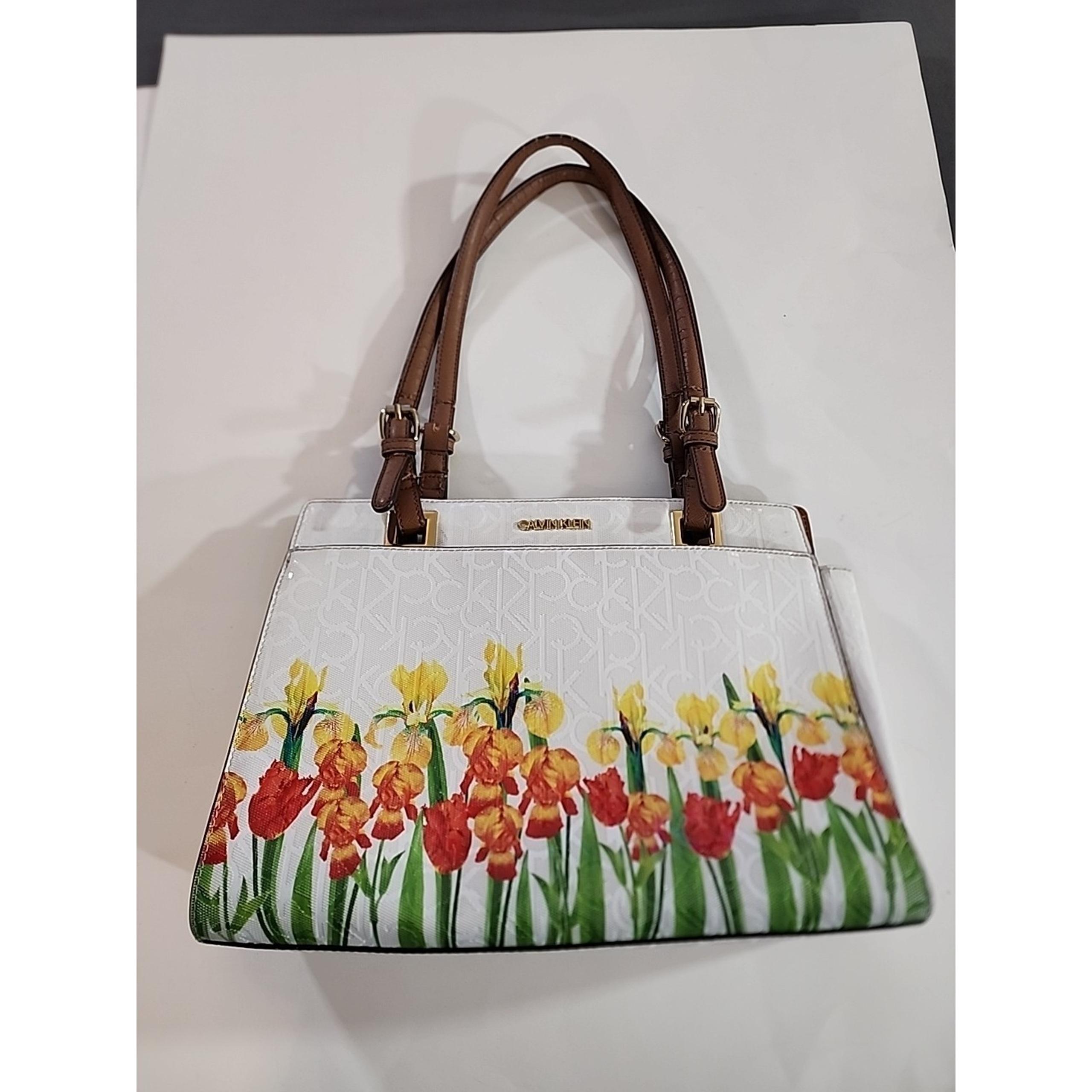 Women's Printed Floral White Satchel Hand Bag Purse - Calvin Klein