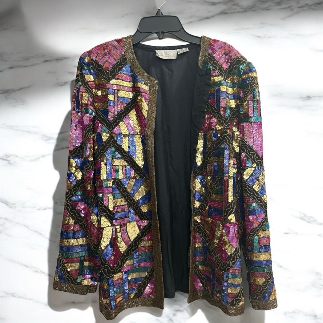 VTG Laurence Kazar New York Silk Jacket Beaded geometric sz Small
