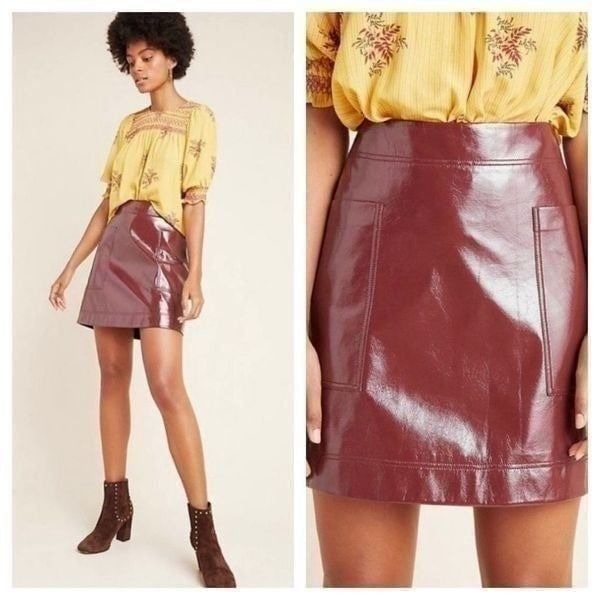 Maeve Anthropologie Faux Wine Red Patent Leather Mini Skirt Pockets sz 0 NWT
