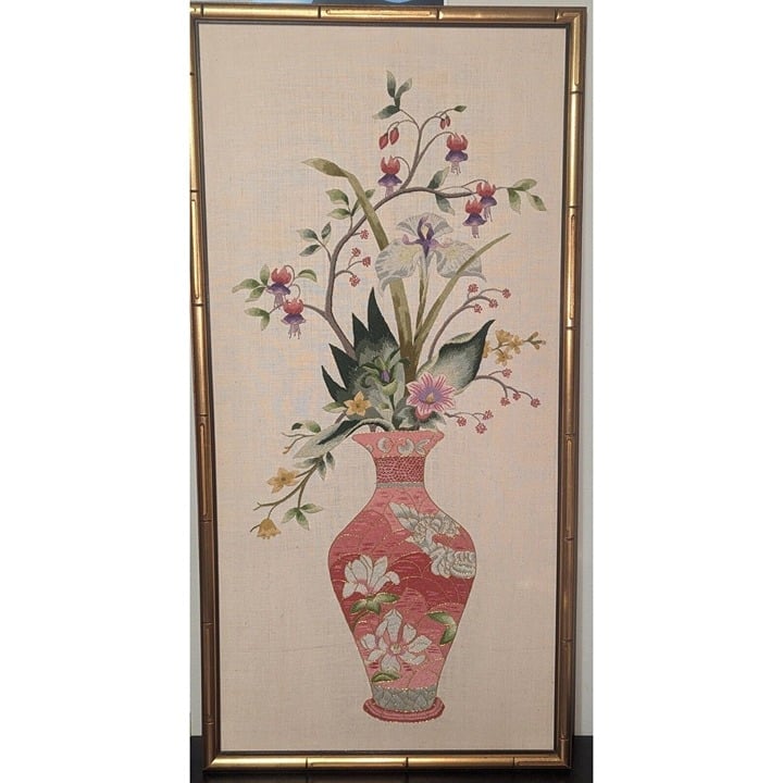 Elsa Williams Vintage LeClair Crewel Embroidery Faux Gold Bamboo Framed...