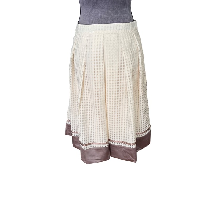 Cream Midi Pleated Skirt With Brown Satin Hem By Three Paper Dolls